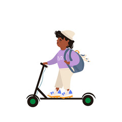 Modern children. Cute african american boy in trendy clothes with a backpack and in trendy sneakers rides an electric scooter. Nice vector flat illustration in cartoon style on a white background.