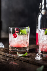 Rhubarb lemonade with fresh mint. Dark background.