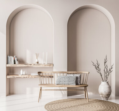 Fototapeta Interior mock up with wooden bench, rattan carpet , wooden shelf and stylish home accessories on white wall background. Scandinavian style 3D render