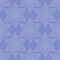 Seamless pattern. White six-pointed stars, snowflakes on a blue background. Ornate scrollwork. Hand drawn vector illustration