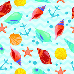Seamless pattern with multi-colored sea shells, anchors and bubbles on a background of sea waves