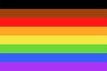 Illustration of Philadelphia 2017 8-stripe rainbow pride flag/banner of LGBTQ+ (Lesbian, gay, bisexual, transgender & Queer) organization. Black & Brown depicting people of color within the community