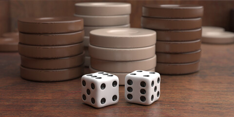 Backgammon, dice and chips closeup on game board. 3d illustration