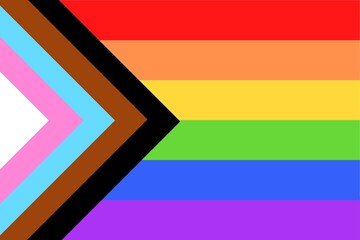 Illustration of colorful new Social Justice / Progress rainbow pride flag / banner of LGBTQ+ (Lesbian, gay, bisexual, transgender & Queer) organization. June is celebrated as the Pride Parade month