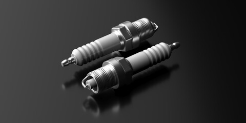 Spark plugs, car spare parts on black color background. 3d illustration