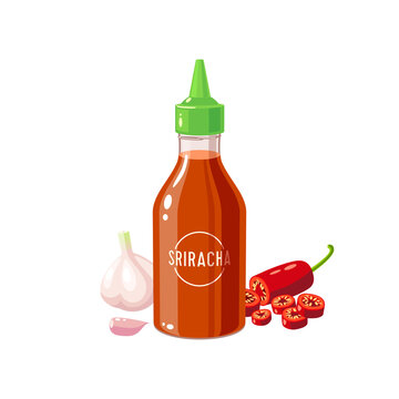 Hot chilli sauce sriracha bottle, garlic and pepper, vector illustration cartoon icon isolated on white background.