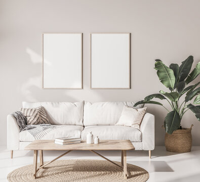 Mock up frame poster in Scandinavian living room with white sofa, wooden coffee table and wicker basket, 3d render