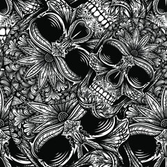 Vector Black and White Sugar Skull Seamless Pattern