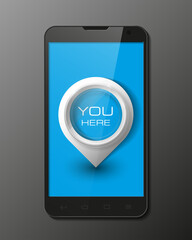 Smartphone, mobile phone isolated with pointers to determine your location, realistic illustration.