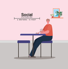 Social distancing of man on table with coffee mug design of Covid 19 virus theme Vector illustration