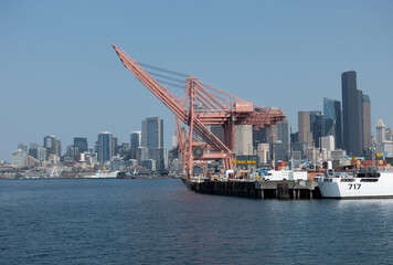 Shipbuilding yards frame the skyline of the City of Seattle, Washington