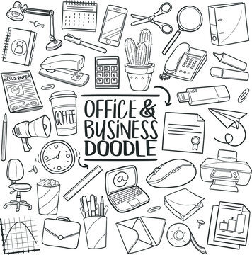 Office Work Traditional Doodle Icons Sketch Hand Made Design Vector Tools Objects Set Collection Sketch