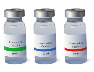 three bottles of vaccine liquid with three different color labels