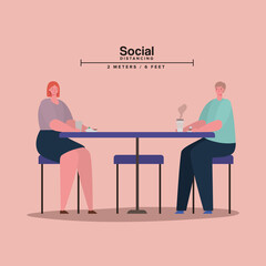 Social distancing between woman and man on table with coffee mug design of Covid 19 virus theme Vector illustration