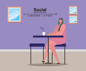 Social distancing of woman on table with coffee mug design of Covid 19 virus theme Vector illustration