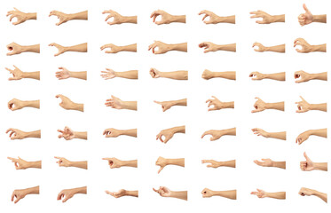 hand collection in gestures with white skin isolated on white background