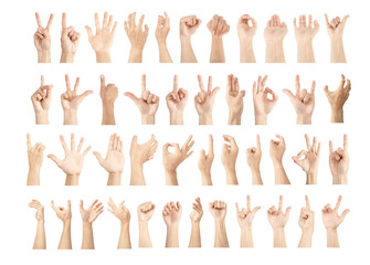 hand collection in gestures with white skin isolated on white background