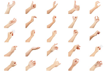 hand collection in gestures with white skin isolated on white background