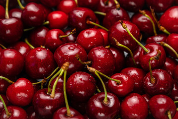 Fresh ripe black cherries background Top view 