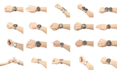 watch on arm with collection of man isolated on white background