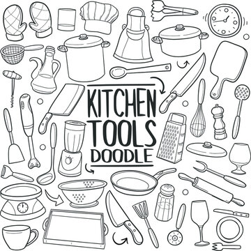 Kitchen Tools Doodle. Icons Hand Drawn. Scribble Clip Art. Scrapbook Line Art Design. 