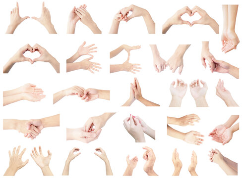 collection hand multiple set of Both hands, both left hand and right hand in gestures isolated on white background