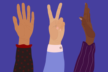Fototapeta premium Set of hands in different colors of skin and race. Various hand gestures. Hands in colorful bright clothes. Set of elements for your design