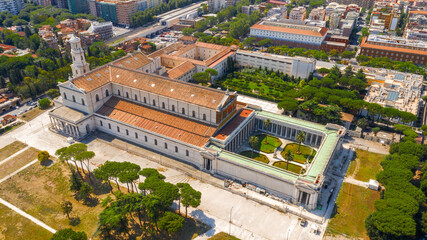 Aerial view of the papal basilica of San Paolo outside the walls in Rome, Italy. The building is...