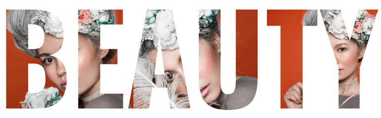 Collage of photos in word Beauty. Close up portrait in barocco style. Fashion bright pink studio background. Fashion bright pink studio background