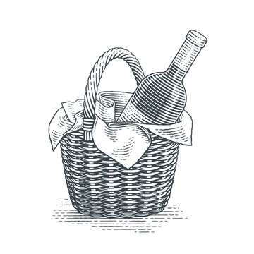 Wine bottle in a picnic basket. Hand drawn engraving style illustrations. 
