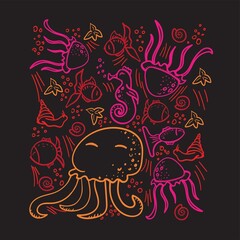 Underwater world illustration. Sea life. Vector under the sea, seahorse, octopus, fish jellyfish
