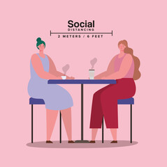 Social distancing between women on table with coffee mugs design of Covid 19 virus theme Vector illustration