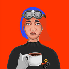 Pilot Girl hand Cup Coffee digital painting art illutration design 
