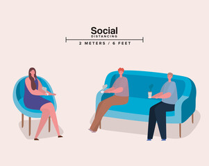 Social distancing between people on chair and couch with coffee mugs design of Covid 19 virus theme Vector illustration
