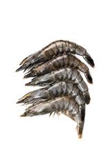 isolated large tiger prawns on a white background close-up. Fresh frozen seafood.