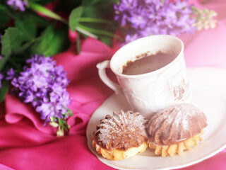 Hot coffee and delicious cookies and flowers, Breakfast
