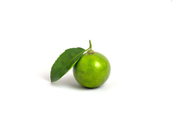 Lemon with green leaves isolated white background