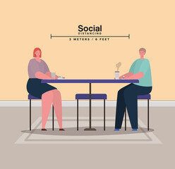 Social distancing between woman and man on table with coffee mug design of Covid 19 virus theme Vector illustration
