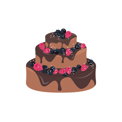 Illustration for pastry shop. Festive chocolate cake with icing, decorated with fresh berries of raspberries, blackberries and currants. Nice vector flat illustration in cartoon style with a gradient.