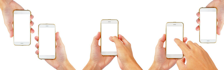 hand is hold smartphone with white screen blank to touch in collection isolated on white background