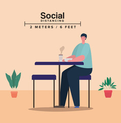 Social distancing of man on table with coffee mug design of Covid 19 virus theme Vector illustration