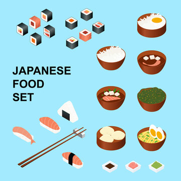 Japanese food set isolated on blue background