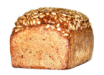 Loaf of sunflower bread with seeds on crust isolated on white background