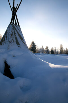 Snow covered Tipee in Lapland, Finland