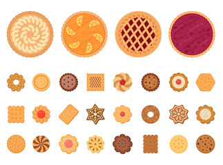 Set of fruit pies and cookies. Isolated on white background. Vector illustration.