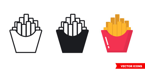 French fries icon of 3 types. Isolated vector sign symbol.