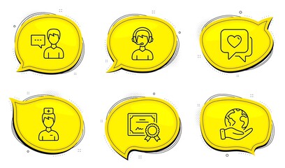 Doctor sign. Diploma certificate, save planet chat bubbles. Heart, Person talk and Consultant line icons set. Love chat, Communication message, Call center. Medicine person. People set. Vector