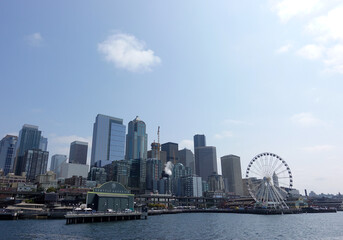 Seattle's Great Wheel on the waterfront skyline in Washington State.