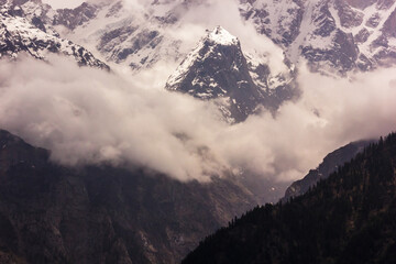 icy ridges of the Himalayan mountain of Kinner Kailash in the village of Kalpa in Kinnaur in Himachal Pradesh, India.