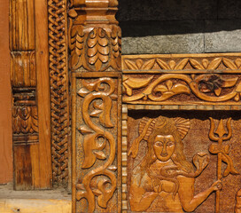 Wooden carvings on an ancient Hindu temple in the village of Kalpa in Himachal Pradesh, India.